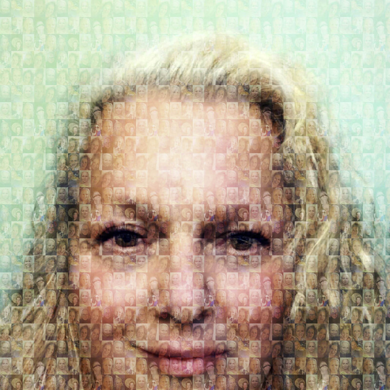 selfie of blond woman overlaid with a mosaic of many selfies of the same woman 