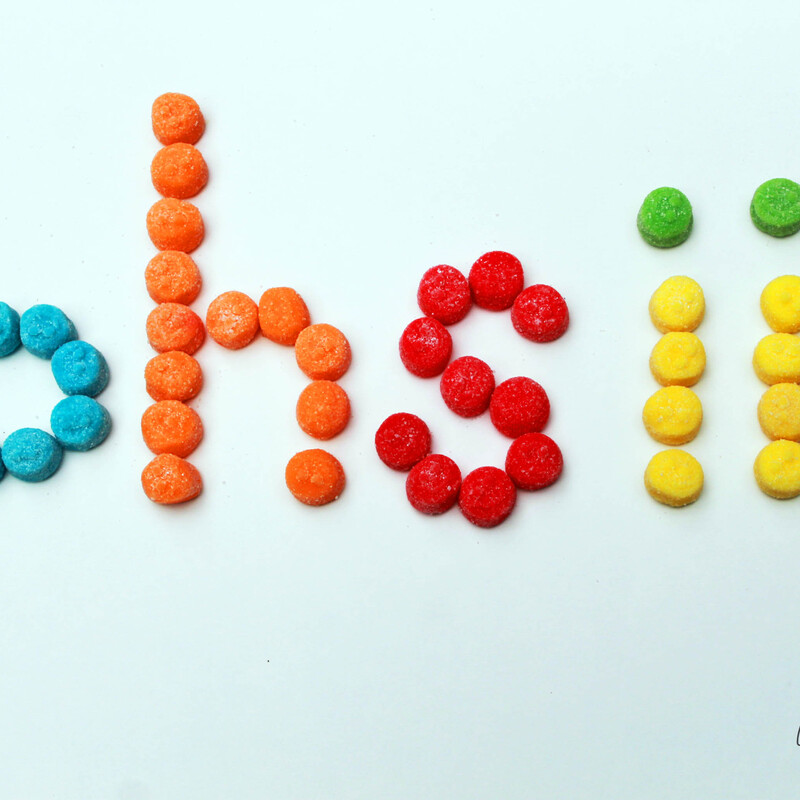 phsiii spelled out in colored candies